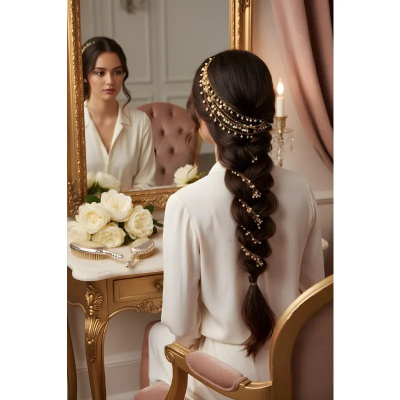 

Long 48" Pearl Choti Chain Hairpiece, Gold/Silver Tassel Hair Extensions,Romantic Elegant Accessory for Indian Wedding & Vintage