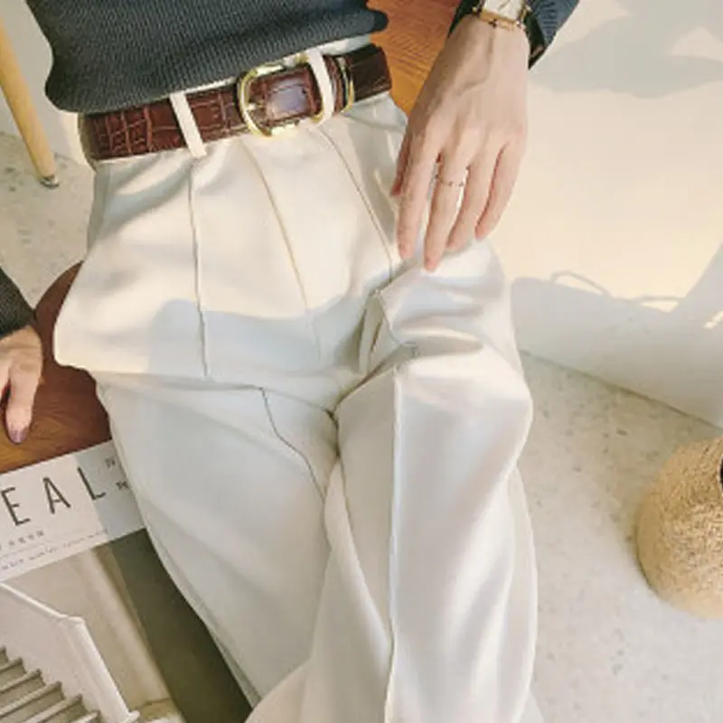 جديد ربيع وصيف 2025 سراويل عالية الخصر واسعة الساق للنساء بيضاء عالية الخصر مستقيمة فضفاضة بطول كامل سراويل نسائية
