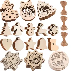 10PCS Christmas Crafts Unfinished Wooden Christmas Ornaments Xmas Tree Snowflake Wood Slices Crafts with Jute Rope for DIY Craft