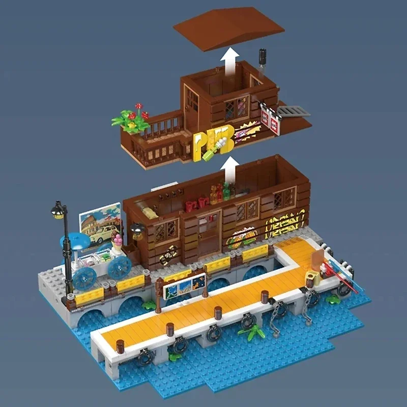 Mold King 10108 Dockside Taverm Street View Modular Building Blocks Seaside Pier บ้านไม้อิฐของเล่นเด็กคริสต์มาสของขวัญ