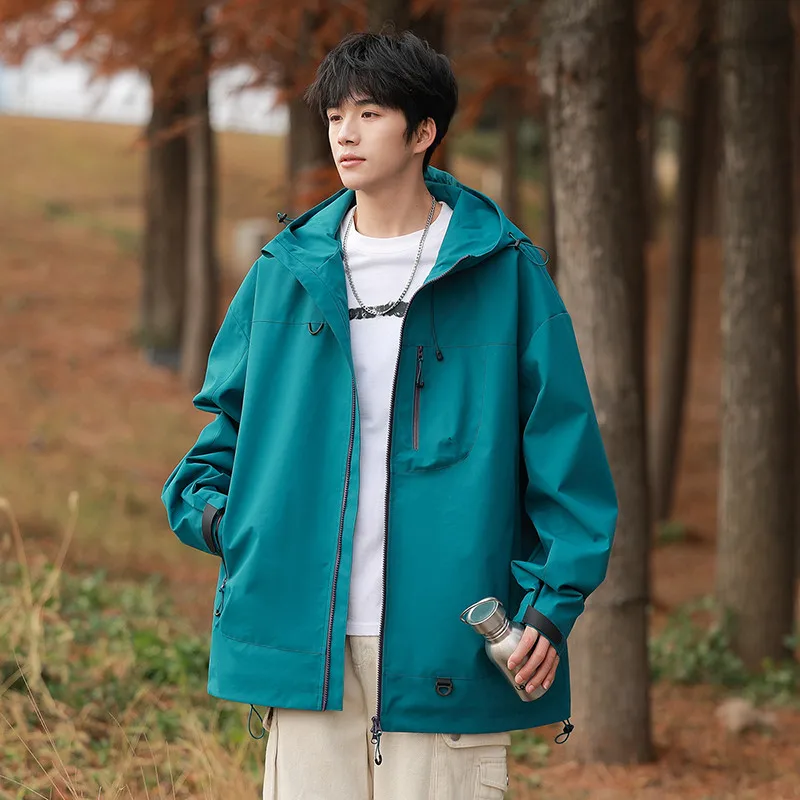 

Men's Workwear Hooded Windbreaker Navy Blue Loose Fit Outdoor Jacket Water Resistant​​ Camping Windproof and Rainproof Jacket
