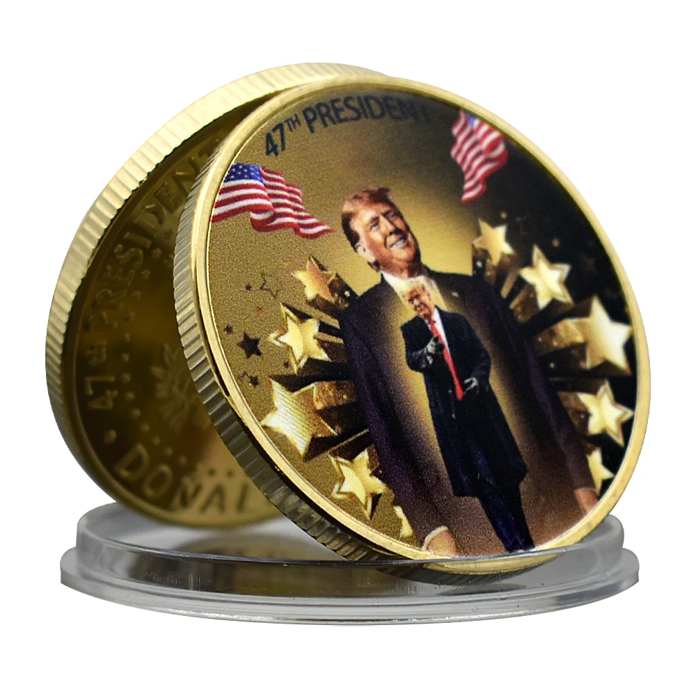 2024 47th US President Donald Trump Gold Plated Challenge Coin 45th To 47th Metal Medal with Plastic Case Art Craft