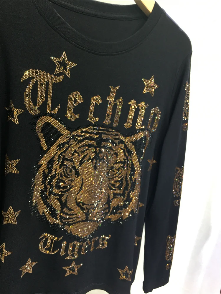 Domineering Tiger Hot Drilling Women Basic Tees New Autumn Winter Slimming Long Sleeve T-shirt Large Size O-neck Cotton Tops