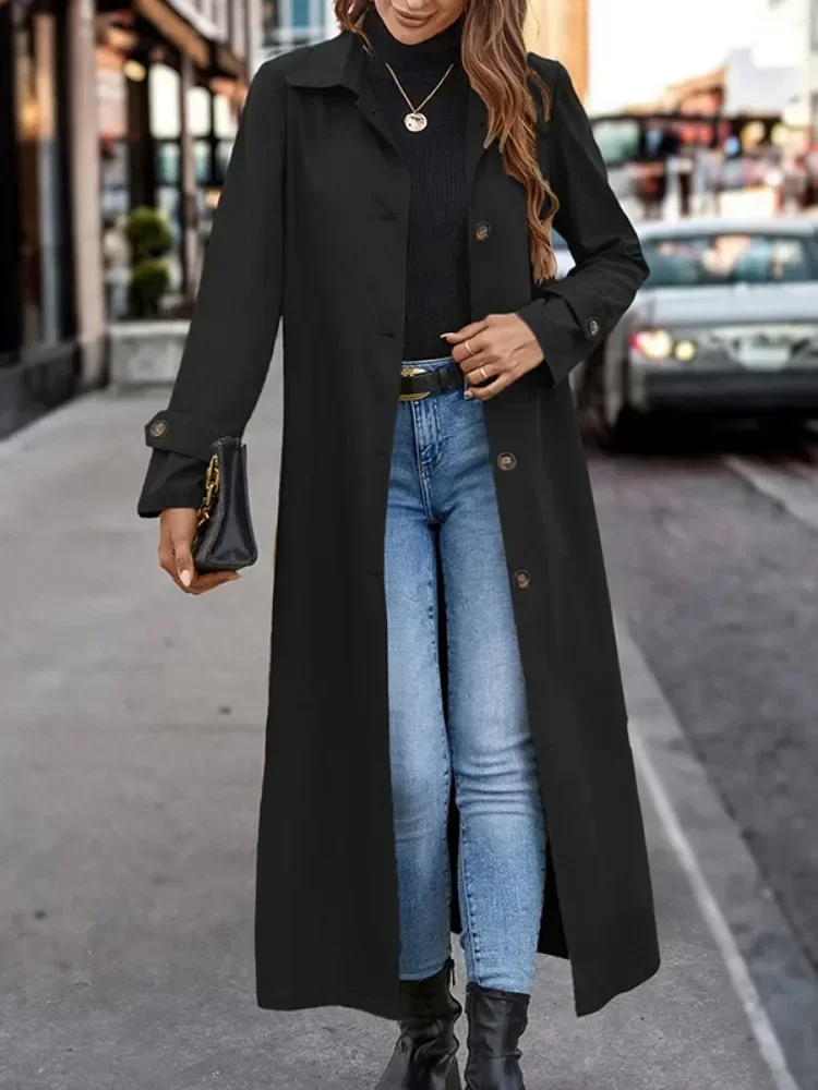 Krisnanas 2024 Women Solid Color Coats Women 2024 New AutumnLong Sleeves Loose Buttoned Split-Joint Lapel Outerwear Trench Coats