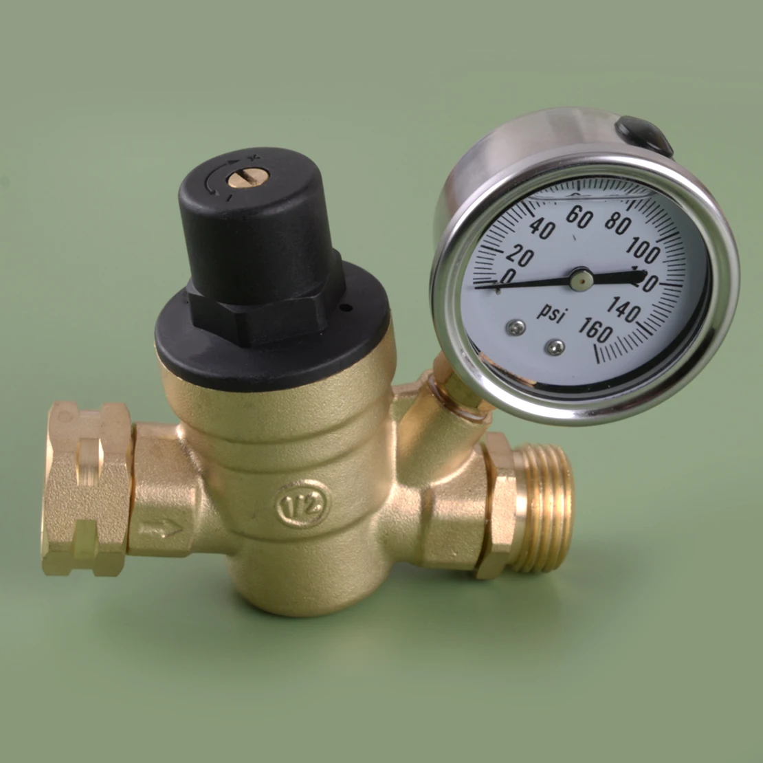 

RV Adjustable Reducer Water Pressure Regulator with Valve Gauge 14F-200F for Camper Travel Trailer Brass Lead 3/4" Universal