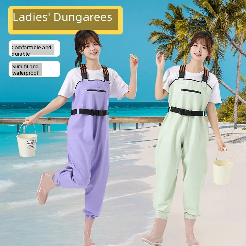 

Ladies' water pants, shoulder straps, one-piece fishing, beach rain shoes, half body waterproof rain pants, water wading clothes