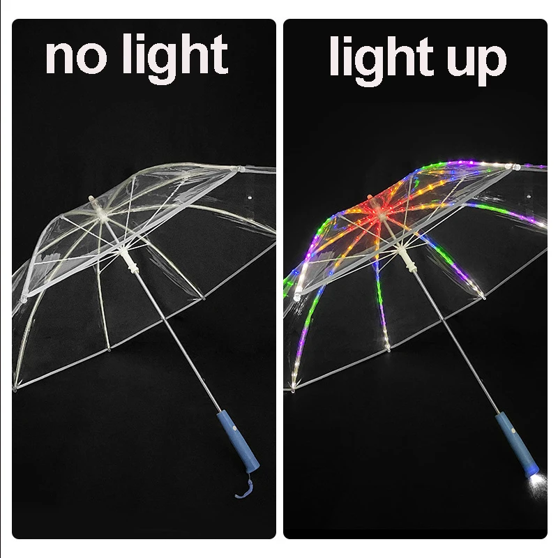 8 Ribs Clear Umbrella with Built-in Flashlight Lighting Colorful Luminous Umbrella for Rainy Day Dance Perfomance Props