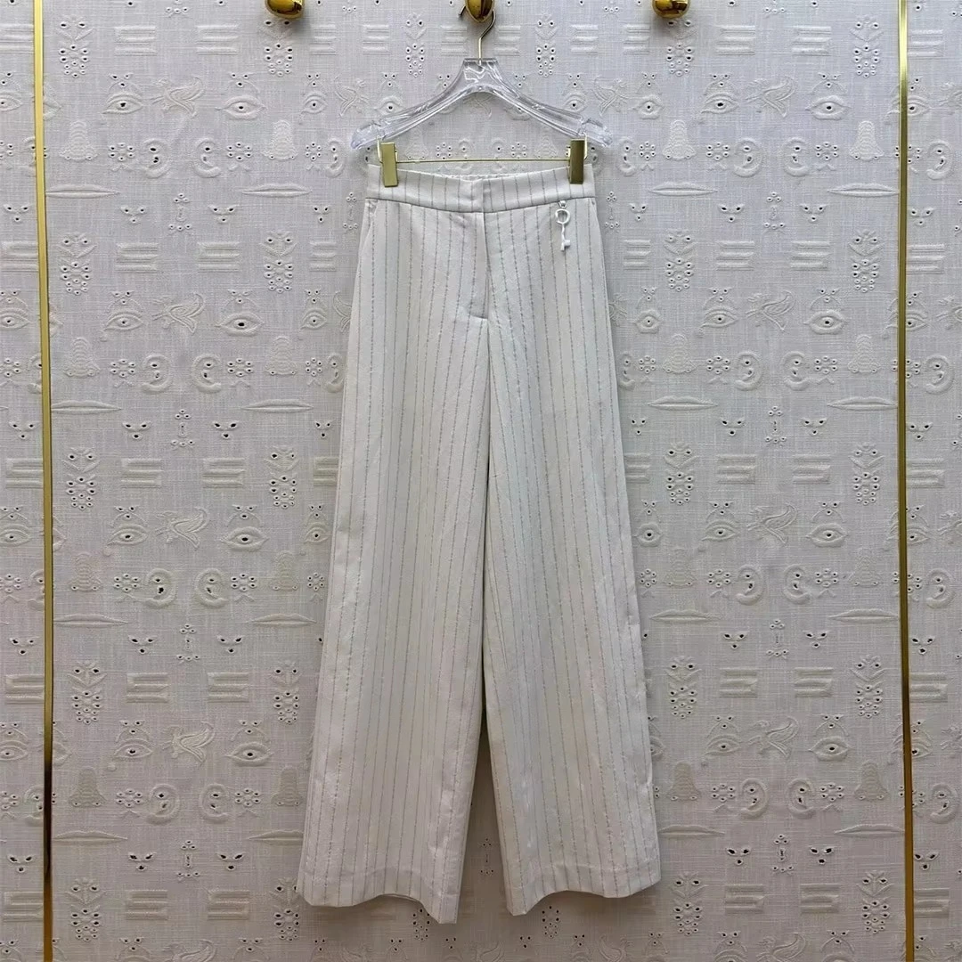 High Street Fashion Loose Long Wide Leg Pants Women Old Money Style Matel Key Vertical Stripes Pattern Cotton Linen Trousers