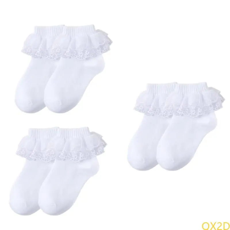 QX2D 3 أزواج الفتيات الدانتيل جوارب القطن الناعم تنفس الجوارب الكاحل للارتداء اليومي ومناسبة خاصة