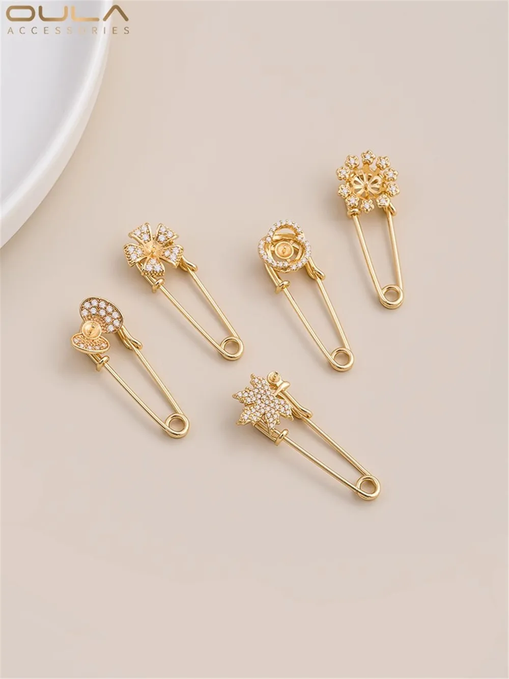 

14K Gold Bag Micro Inset Zircon Snowflake Mussel Shape Flowers Maple Leaf Half Hole Bead Holder Brooch Diy Sticky Pearl Pin