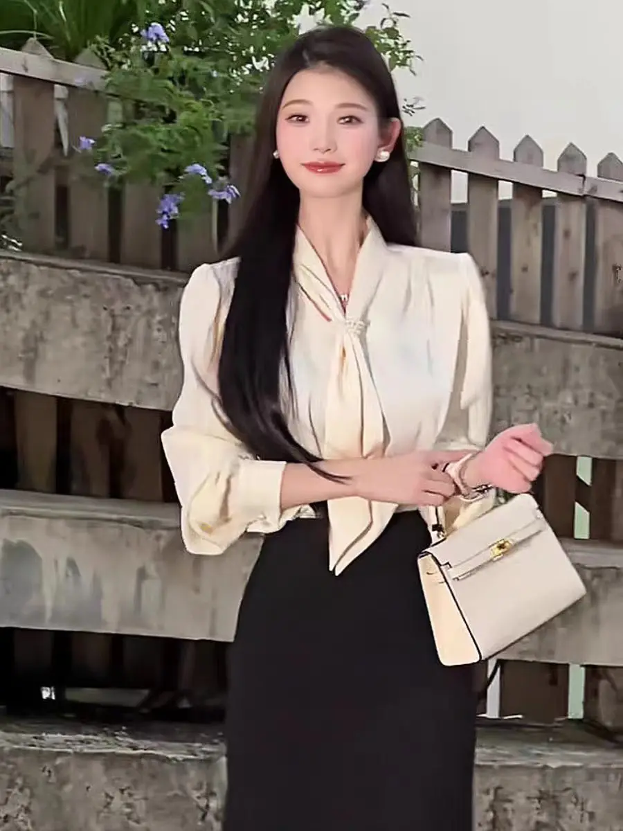 2025 Fashion Satin Blouse Women Tops Office Ladies Long Sleeve White Elegant Female Shirts With Tie V Neck Loose Clothing New