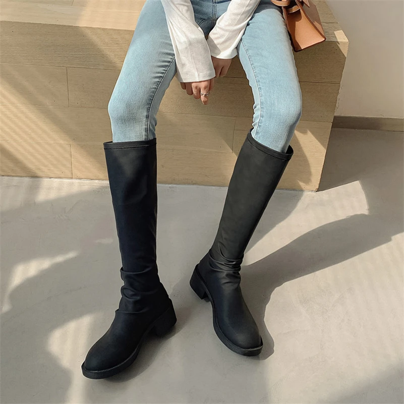 Meotina Women Genuine Leather Knee High Riding Boots Round Toe Block Mid Heel Zipper Lady Pleated Long Boot Autumn Winter Shoes