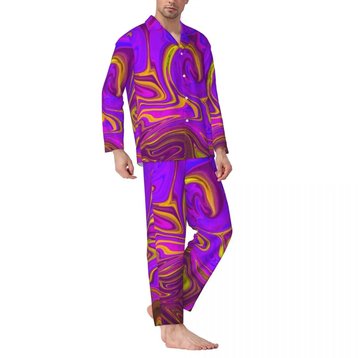 Pijamas para hombre con estampado de neón líquido, ropa de dormir para dormir, diseño abstracto, conjunto de pijama informal de 2 piezas, traje para casa de gran tamaño a la moda de manga larga