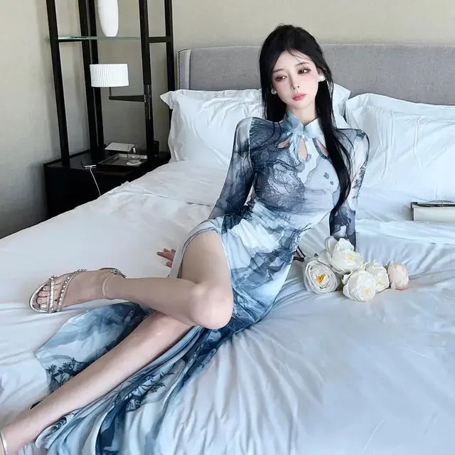 

Chinese Improved Daily Cheomgsam Vestido Vintage Dress Chinese Modern Women Fashion Sexy Cheongsam Dress Split Blue Qipao