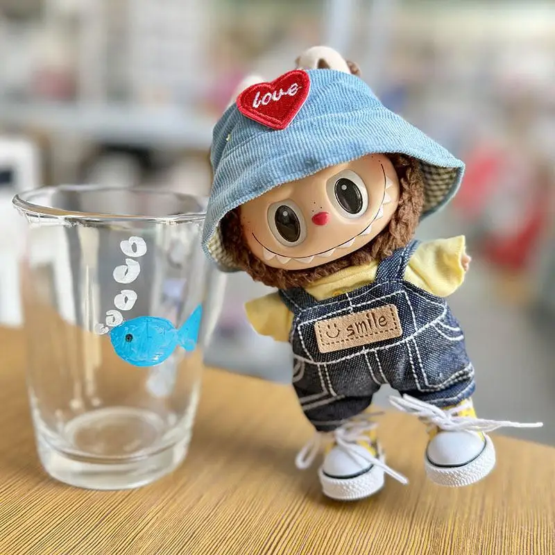 1 set Cute Baby clothes 17cm for Labubu doll Clothes with Blue Hat Overalls Suit no doll