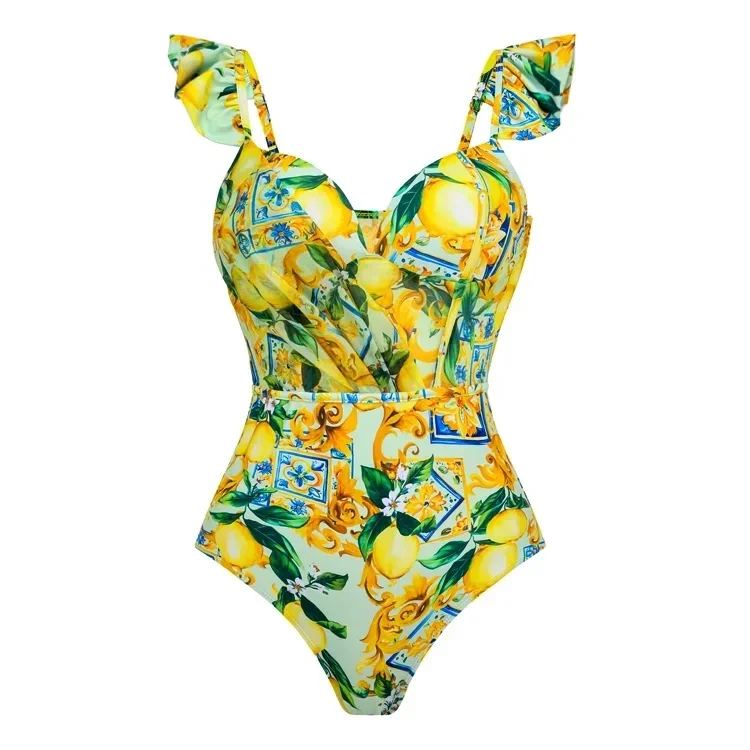 FLAXMAKER Lemon Print V Neck Push Up  One Piece Swimsuit and Skirt Summer Swimwear  Women  Beachwear Bathing Suit