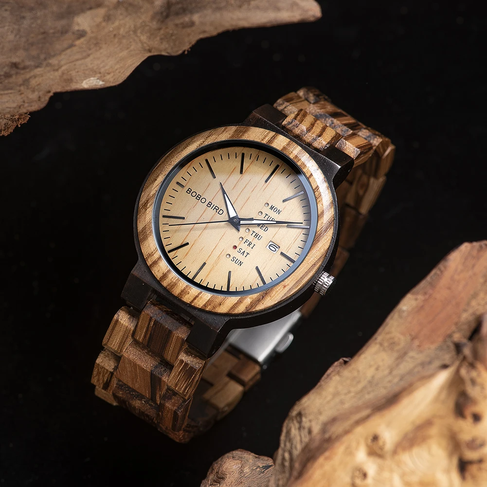 BOBO BIRD-reloj analógico de madera para hombre, accesorio de pulsera de cuarzo resistente al agua con calendario semanal, complemento masculino de