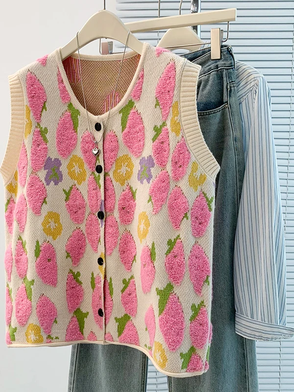 

Anti-Aging Loose Casual Fce Floral Knitted Svel Vest Large Size Women's Outerwear Sweater Autumn Season round Ne