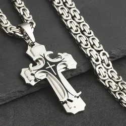 Christian Trinity Latin Cross Necklace for Men Stainless Steel Three Layers Cross Pendants Necklaces Jewelry Gift