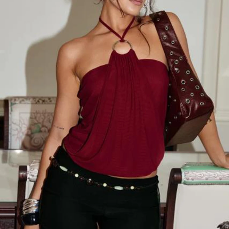 Women's Lace-up Halter Choker Neck Tops Metal Ring Front Slim Fit Solid Color Backless Vest Summer Sleeveless Shirts
