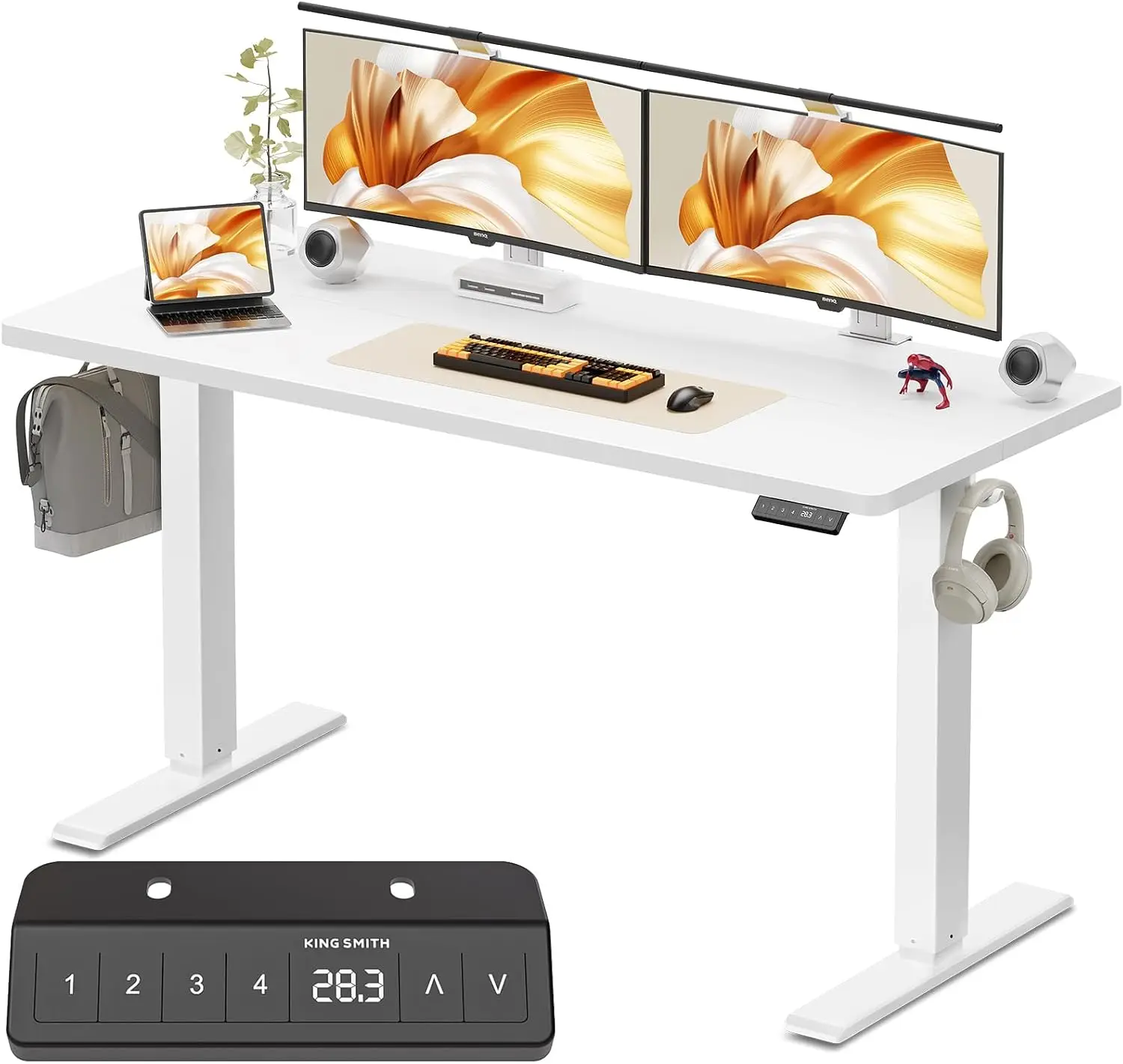 Standing Desk 48x24 Inches Height Adjustable Electric Sit Stand Home Office Ergonomic Splice Board 2 White Hooks