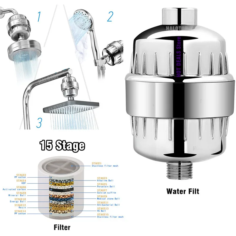 Filtro de ducha de baño de 15 etapas para agua dura, elimina el cloro, purificador de agua, filtro de cabezal de ducha, cartucho de filtro de