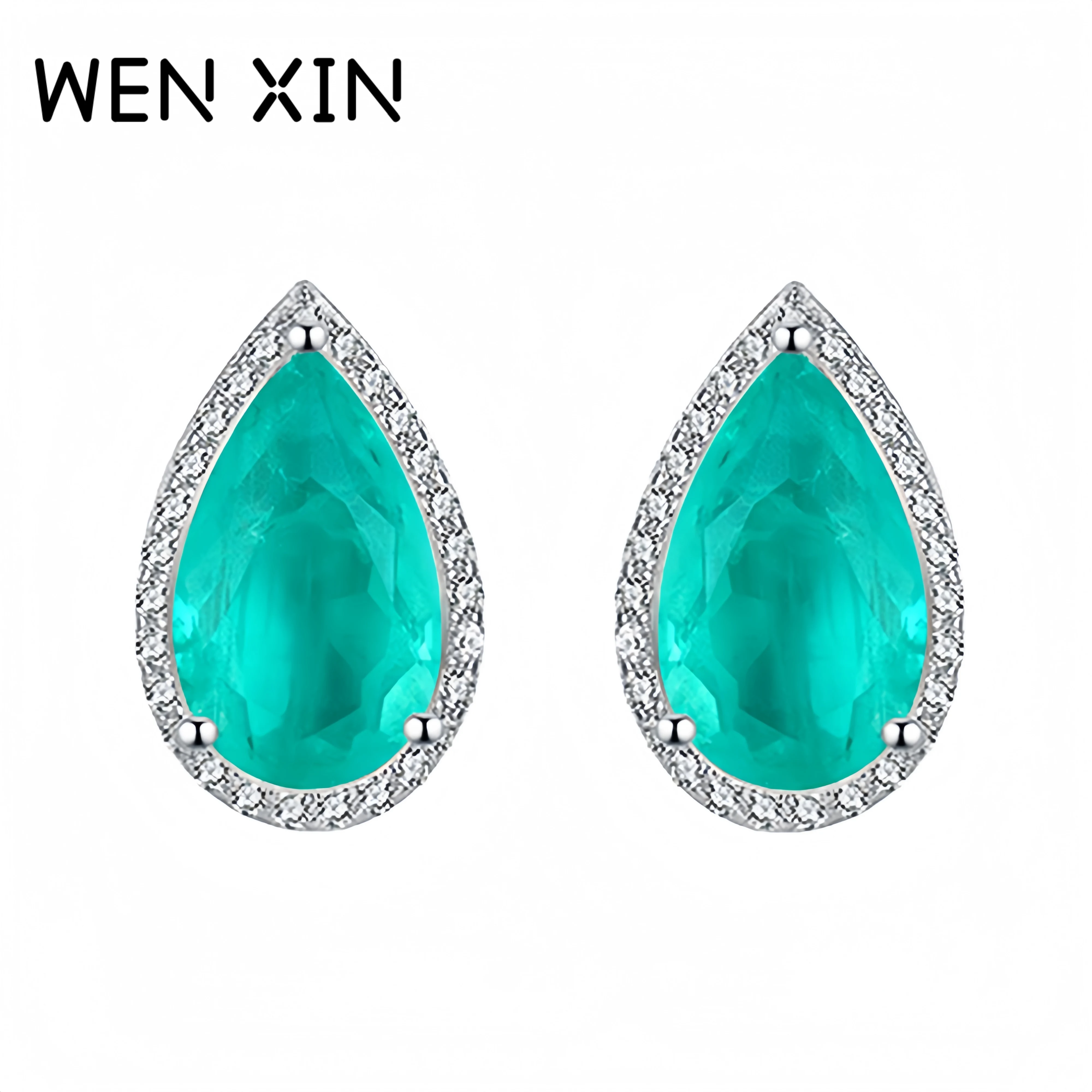 

WENXIN Роскошные серьги в форме капли воды с синтетическим изумрудом и драгоценными камнями, серьги из стерлингового серебра 925 пробы, ювелирные изделия с высокоуглеродистыми бриллиантами