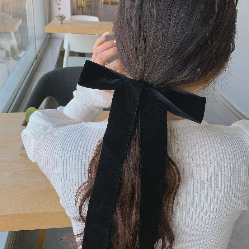 High Quality Velvet Scrunchie Bow Long Ribbon Black Bows For Girl Elastic Hair Band Scrunchies Korea accesorios para el cabello