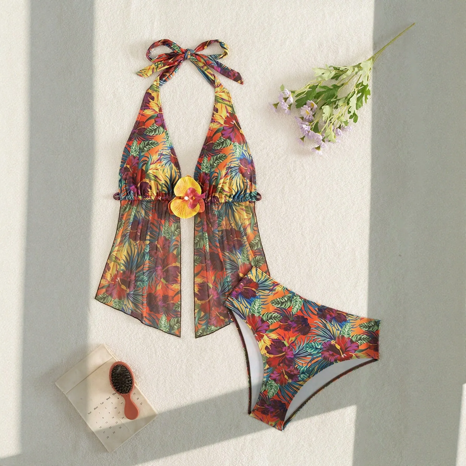 2026 New Floral Print Two Piece Bikini Set Halter Neck Backless Beach Swimsuit Women Bohemian Vintage Beachwear Bathing Suit