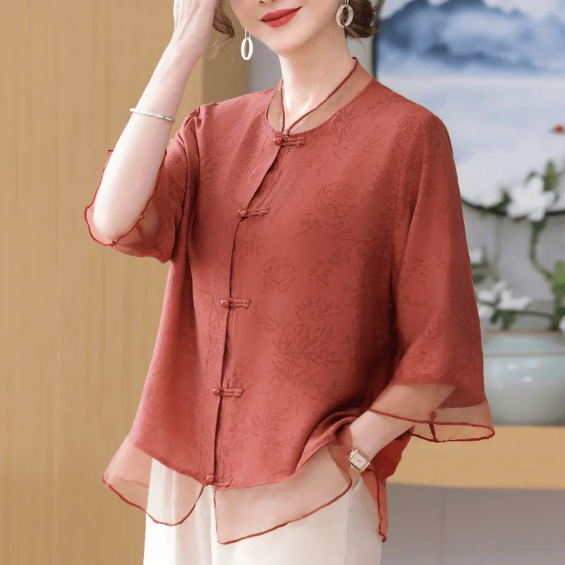 

New Chinese-style Cotton and Linen Chinese Style 7-quarter Sleeve Shirt for Women in Summer Loose Top