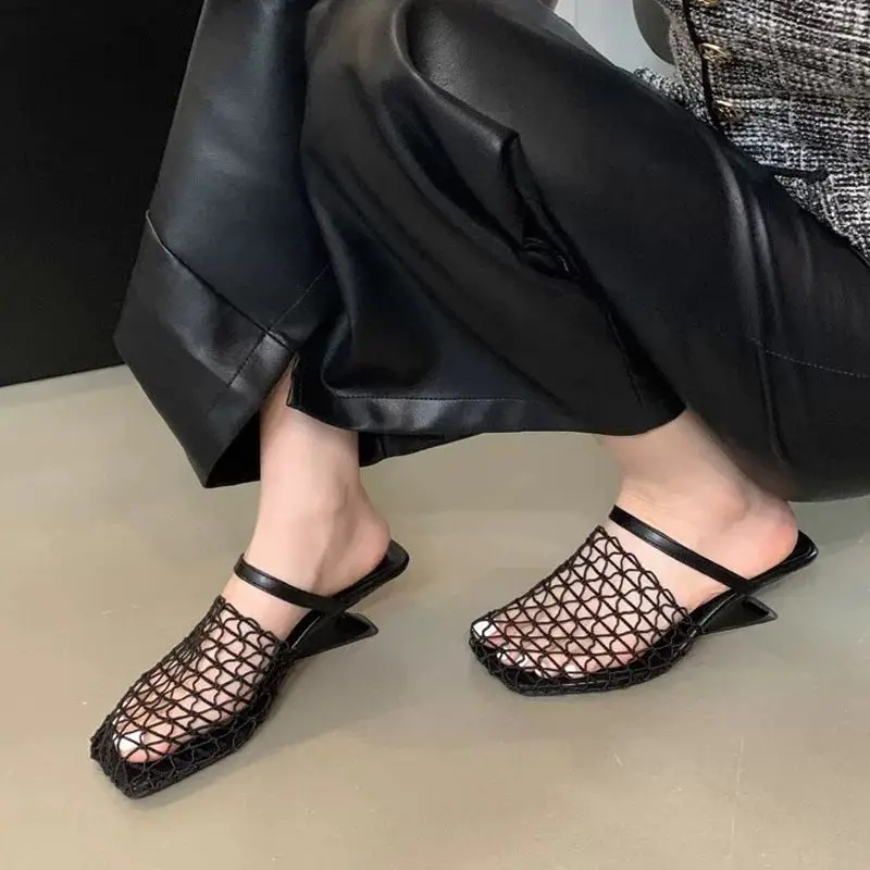 Women Shoes Year 2026 Closed Toe Roman Sandals Mules Woven Fishing Net Hollow Out Breathable Wedge Heel 5cm Niche