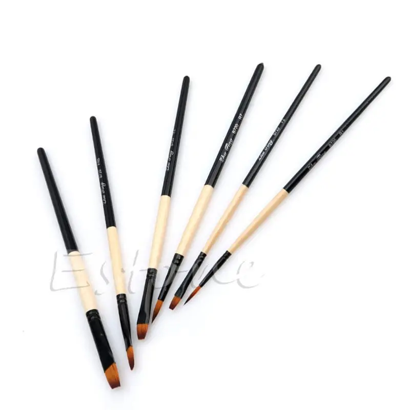 6 Pcs/Set Flat Nylon Hair Paint Brush Gouache Acrylic Oil Painting Art Craft