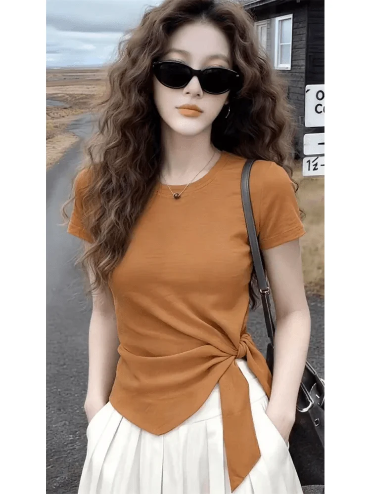

Slimming Short Sleeve T-Shirt Women's Summer Design Sense Bow Tie Unique Top Casual Style Universal Fit Waist Shaping High Waist