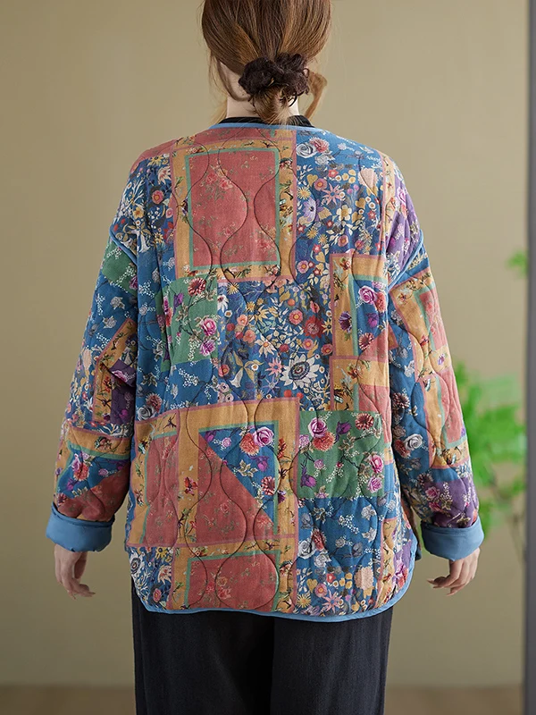 Retro Print Cotton Linen Loose Casual Women's Jaet Lightweight Diamond Pattern Cotton Coat V-ne Long Sve Winter Outerwear