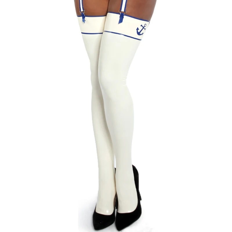 White And Blue Sexy Long Latex Rubber Thigh High Stockings With Trims Decorations WZ-0103