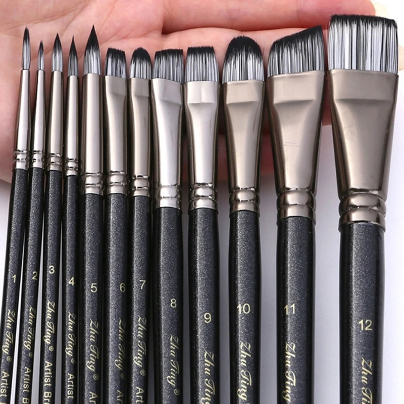 12PCS Handle Paintbrush for Artist Watercolor Gouaches Oil Acrylic Painting