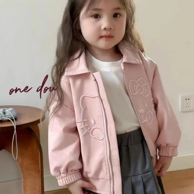 Sanrios Kids Y2K Hello Kitty Leather Coat Anime Cardigan Jacket Cartoon Spring Autumn Casual Tops Cute Loose Overall Girl Gift