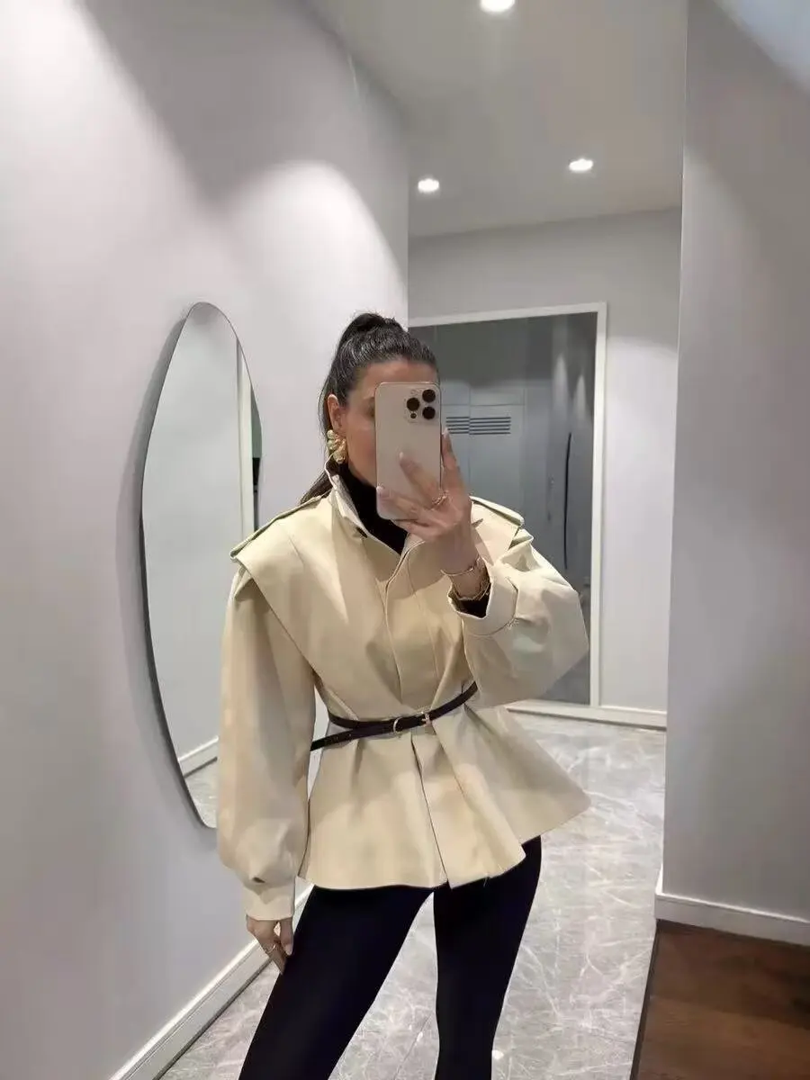 Women's Cape Shoulder Trench Coat Stand Collar Lantern Long Sleeve Belt Waist Slim Fit Windbreaker Casual Outer Coat Fall Winter