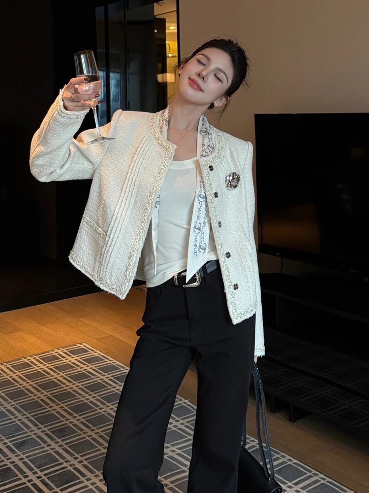 

Jiang Wen Heavy Texture Woolen ort Coat Women's Eggplant Color Tweed Early Autumn Top French Sle Stand Fit Windproof