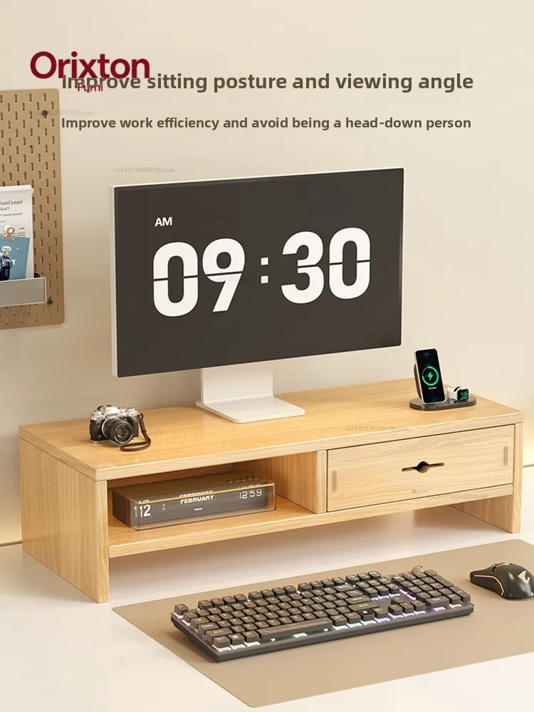 Desktop Computer Monitor Stand Riser Holder with Drawer for Women Office Desk Organizer Storage Shelf Wood Material Simple