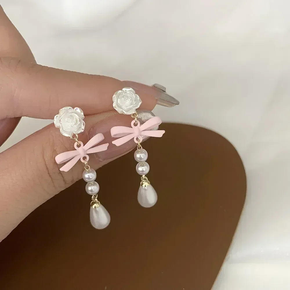 New Lovely Elegant Mini Flowers Pearls Pink Bows Tassels Bow Heart Ear Stud Style Earrings Women Drop Earrings Серьги Женские