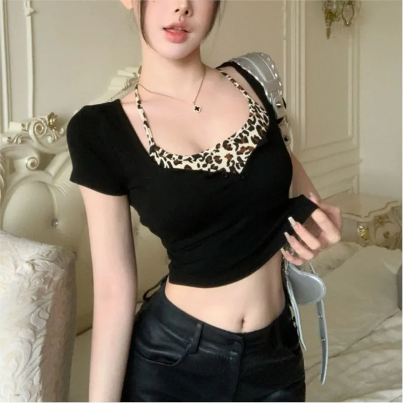 Leopard Print Short-sleeved T-shirt For Girls Summer Pure And Sweet Spicy Girl Short Top Halter Top Two Pieces