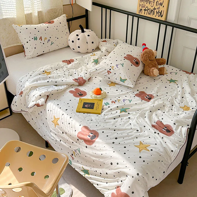 Korean Printed Knitted Cotton Summer Quilt Lovely Skin-Friendly Soybean Fiber Thin Quilt Cozy Cooling Air Conditioning Blanket