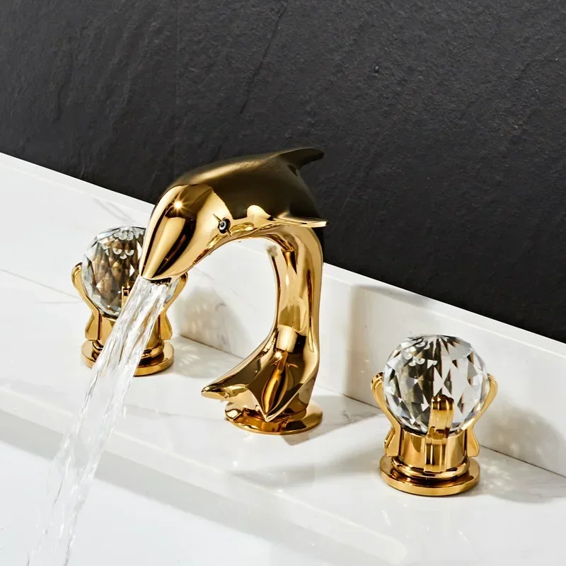 Gold all-copper European double handle three-hole washbasin hot and cold faucet bathroom cabinet washbasin split creative
