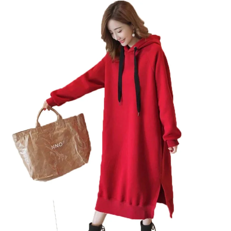 Women Autumn Winter Loose Black Hoodie Dresses New Korean Thick Velvet Long Sleeve Red Medium Length Dress Temperament Commuting