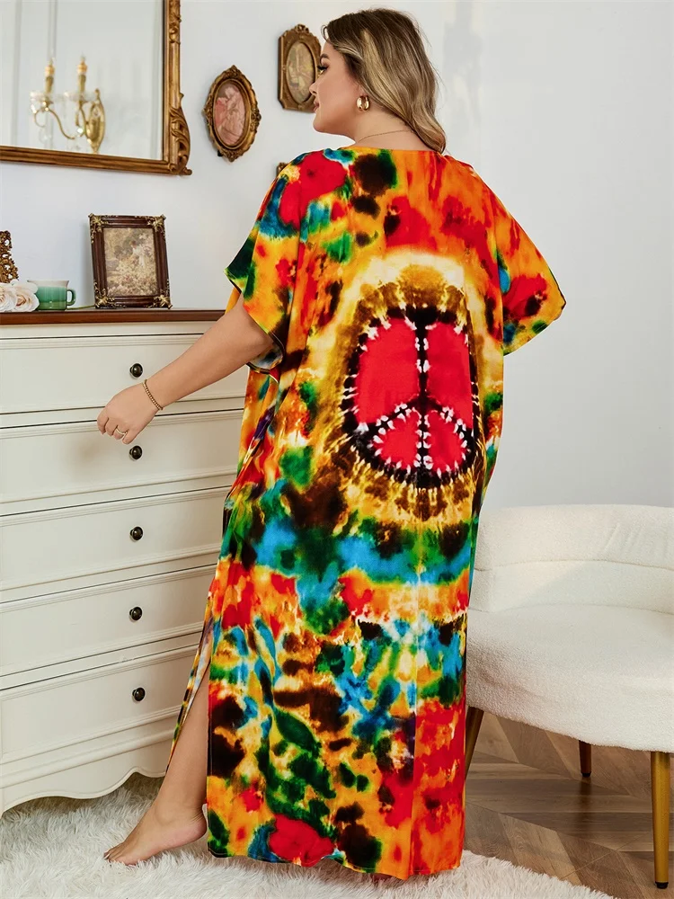 Sexy V Neck Print Oversize Kaftan Batwing Sleeve Side Slit Summer Vacation Women Beachwear Plus Size Swimsuit Cover-ups Q1464