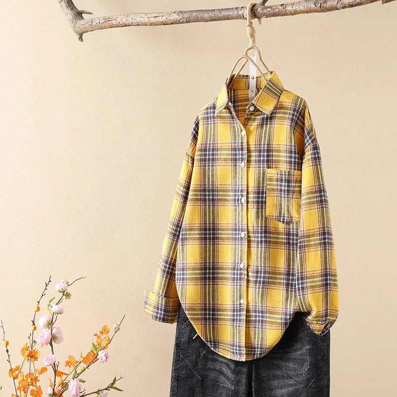 Autumn Long Sleeve Loose Fit Casual Shirt Oversized Button Down Lightweight Blouse Lapel Pocket Check Fashion Shirts Tops Women