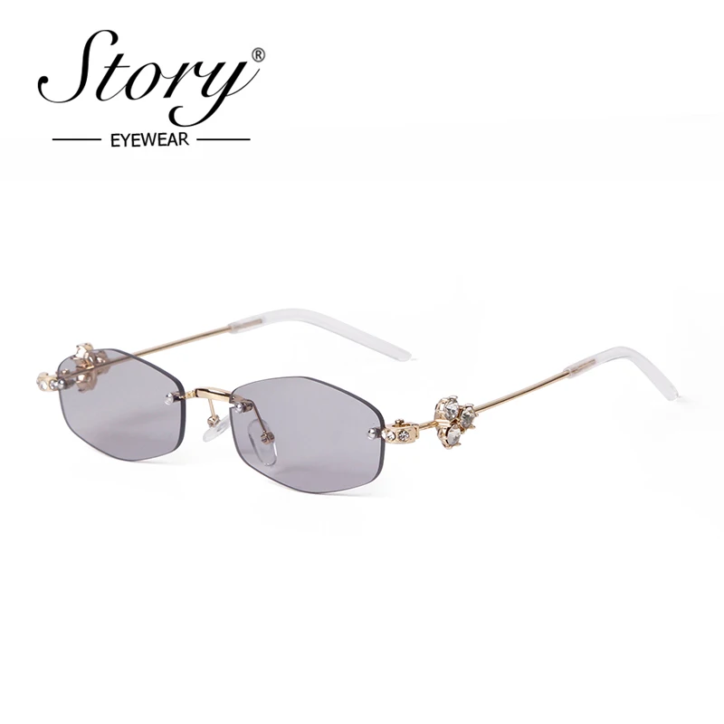 STORY Trendy Rimless Polygon Sunglasses Women Brand Designer Fashion Rhinestone Decoration Sun Glasses with Pink Diamond S8121D
