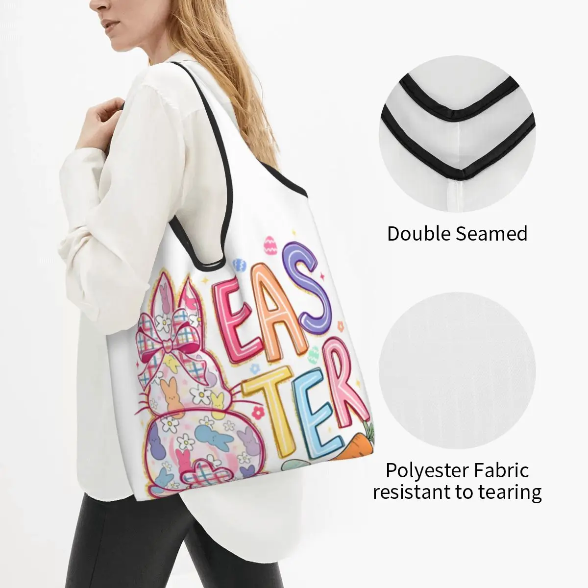 Reusable Happy Easter Rabbit Grocery Bags Foldable Machine Washable Shopping Bag Large Eco Storage Bag Lightweight