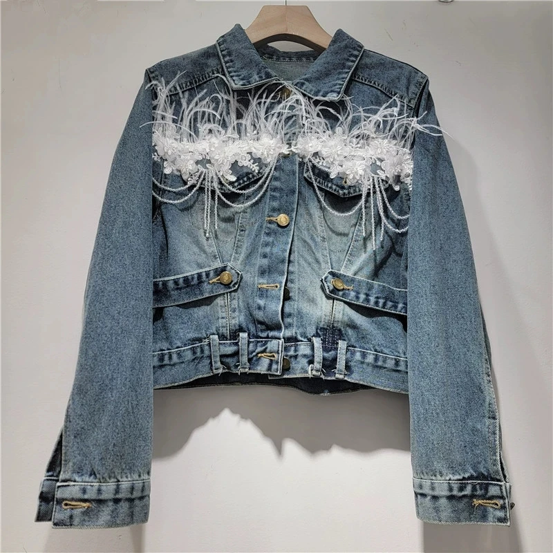 Spring New Women Fashion Beaded Flower Feather Decoration Blue Short Denim Jacket Lapel Long Sleeve Jeans Jackets Chaqueta Mujer